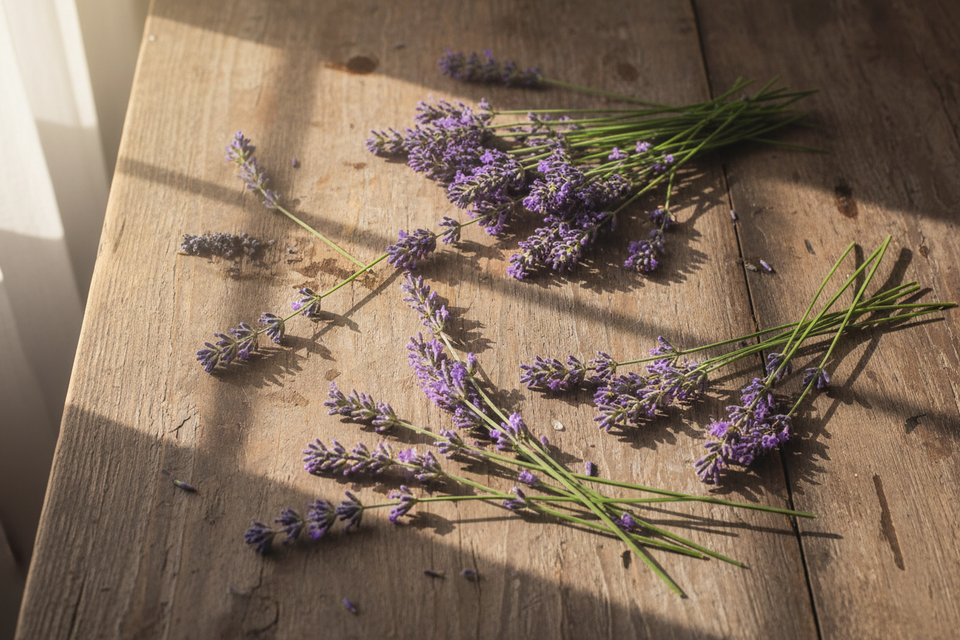 Have lavender laying on a table 